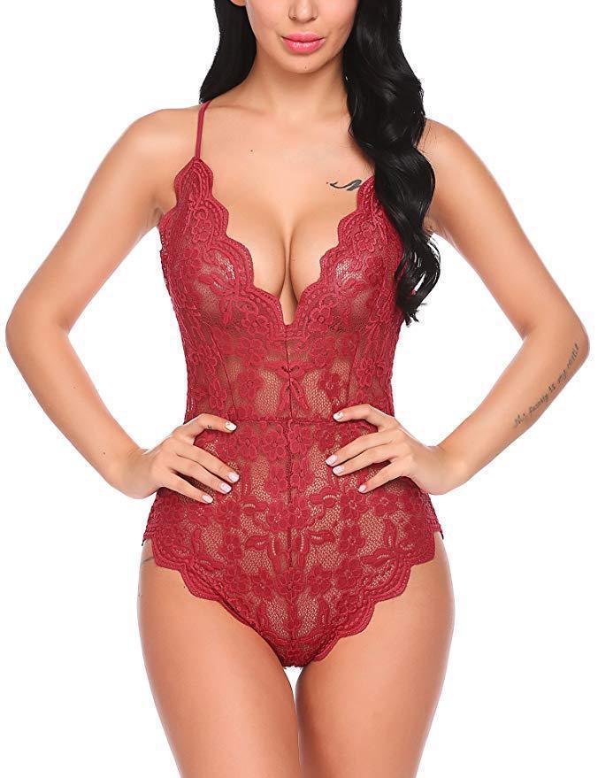 Women's Floral Lace Deep V-Neck Bodysuit