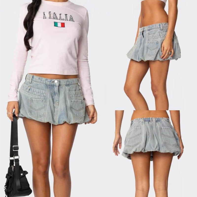 Women's High-Waisted Retro Denim Skirt with Pockets